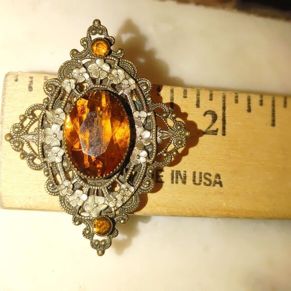 Antique Victorian Brass Filigree Brooch Yellow Orange Amber Colored Glass - Picture 2 of 16